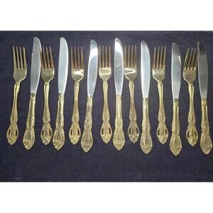 Set of 14 CHOICE Oneida Golden Brahms Gold Plated Electroplate Forks & Knives